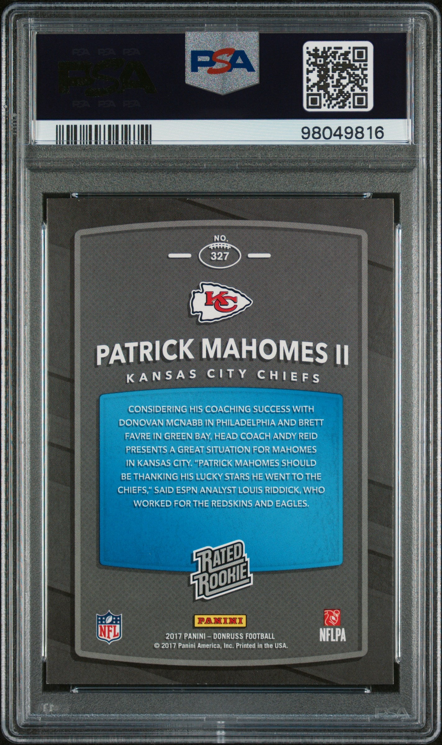 2017 Panini Donruss Patrick Mahomes II Rated Rookie PSA 8 #327